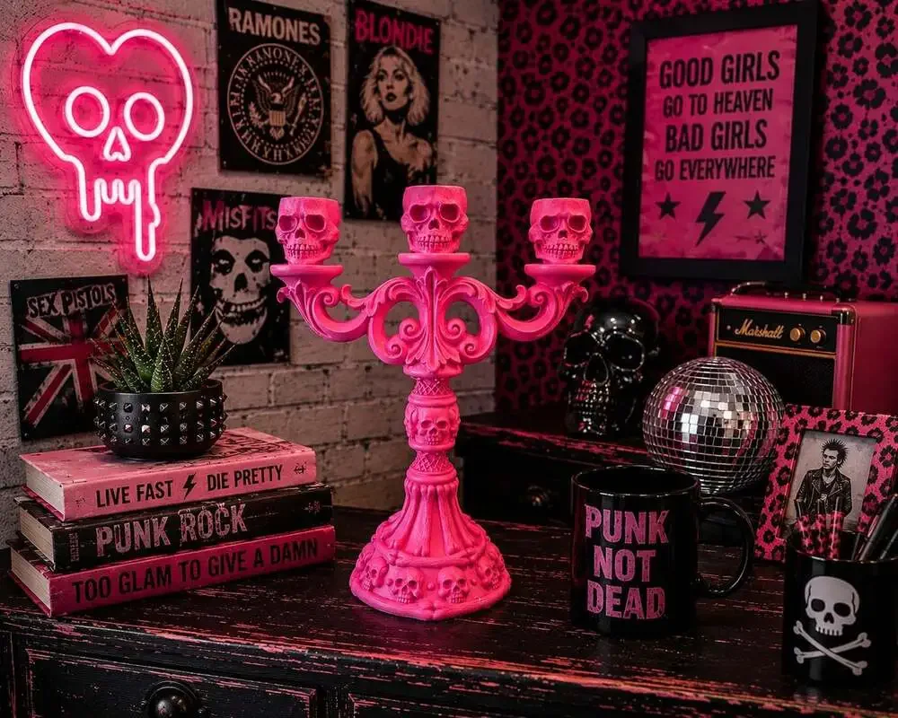 New Large Pink Halloween Skull Candelabra Candle Stick Holder Holiday Room Decor